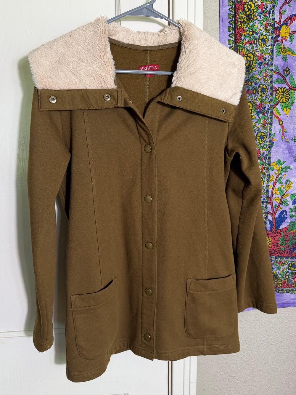 Merona Brown Fleece Jacket Womens Small Faux Fur Collar Snap Front Utility Coat
